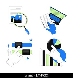 User interaction and data exploration 2D onboarding ui illustrations set Stock Vector