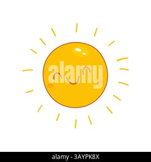Cute yellow sun with happy face and rays. Great for kids prints, summer graphics, stickers and weather icons. Stock Vector