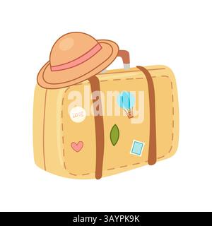 Cartoon yellow suitcase with stickers and a safari hat. Perfect for travel illustrations, vacation promos and adventure prints. Stock Vector