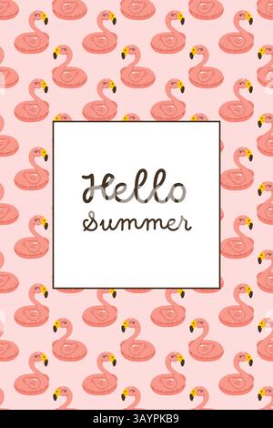 Cute pink inflatable flamingos in a seamless pattern with Hello Summer text. Perfect for cards, prints and summer promotions. Stock Vector