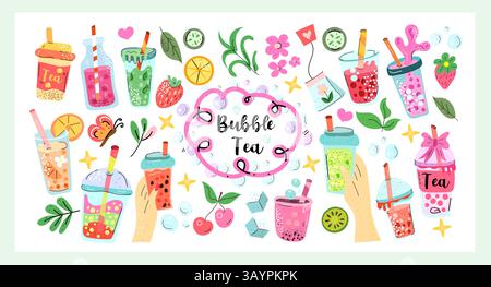 Bubble Tea Set a vibrant hand drawn vector collection of colorful bubble tea drinks, fruits, straws, tapioca pearls and fresh toppings in a fun and Stock Vector