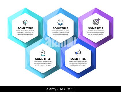 Infographic template with icons and 5 options or steps. Hexagons. Can be used for workflow layout, diagram, banner, webdesign. Vector illustration Stock Vector