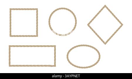 Set of ropes frames in the shapes of a circle, square, rectangle, rhombus and oval for a picture or photo. 3d vector Stock Vector