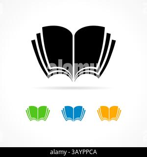 Set of cute flat book icons. Colored design. Educational graphic elements. Open book with pages creative shape. School logo template. Sample isolated Stock Vector