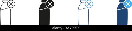Prohibited Dairy Products Line and Silhouette Icon Set. Cross Sign on Milk Bottle Indicating Dairy Free or Vegan Lifestyle. Editable Stroke. Isolated Stock Vector