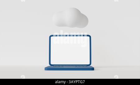 3D image of laptop with white screen and cloud storage on white background as template or mockup , technology, cybersecurity Stock Photo