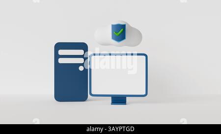 3D image of computer with white screen and cloud storage with security icon on white background as template or mockup , technology, cybersecurity Stock Photo