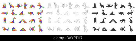 Tangram shapes. Traditional outline and silhouette Chinese geometric puzzle game with seven pieces, abstract flat geometry triangle square rhombus Stock Vector