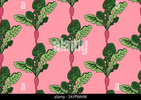 Botanical abstract seamless pattern with juicy beets vector illustration. Colorful repeating cartoon vegetables pattern in pink color background. Grap Stock Vector