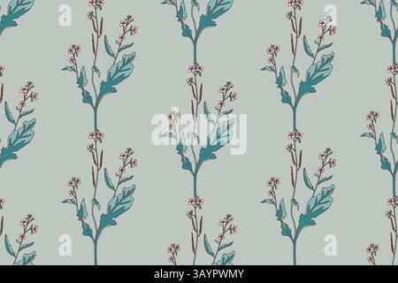 Botanical floral seamless pattern with wildflowers bouquet vector illustration. Repeating plants with stems, leaves, flowers in pastel blue background Stock Vector