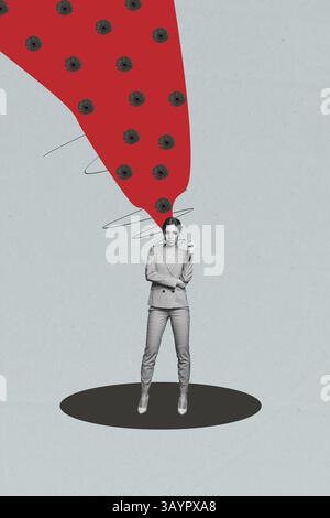 Poster trend collage of worker person with wave flowers petals on grey color background Stock Photo