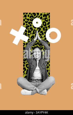 Trend banner collage of person sit under flying figures on orange color background Stock Photo