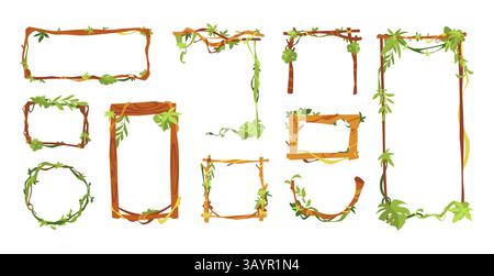 Cartoon liana frame. Vine branch game border with jungle lianas trees ivy leaves, round vines wreath green hanging plants games asset design, gaming Stock Vector