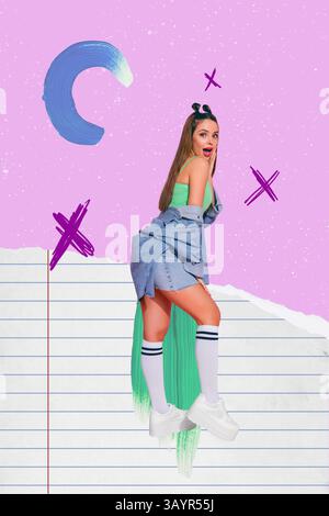 Poster trend collage of person stand on pink background with notebook page geometry signs Stock Photo