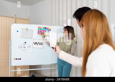 Creative Team Engagement in UX UI Development. Team members collaborating on a visual project during a productive session. Stock Photo