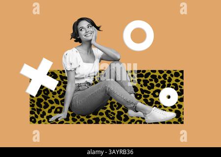 Trend poster collage of person sit on orange background with 3d elements Stock Photo