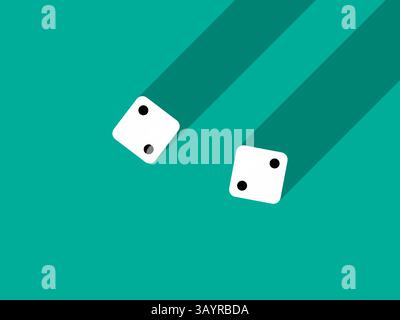 A pair of dice with numbers 2 and 2. Craps dice pair on a green table with a long shadow, top view. Casino dice game. Design for applications, banners Stock Vector