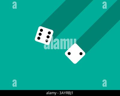 A pair of dice with numbers 2 and 6. Craps dice pair on a green table with a long shadow, top view. Casino dice game. Design for applications, banners Stock Vector