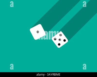 A pair of dice with numbers 1 and 5. Craps dice pair on a green table with a long shadow, top view. Casino dice game. Design for applications, banners Stock Vector