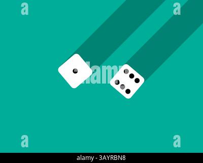 A pair of dice with numbers 1 and 6. Craps dice pair on a green table with a long shadow, top view. Casino dice game. Design for applications, banners Stock Vector