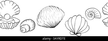 Seashell seamless Frame border. Vector graphic line ink horizontal illustration of seashells. Hand drawn linear drawing on isolated background. Design Stock Vector