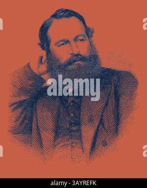 A thoughtful man with a prominent beard gazes into the distance, dressed in a formal jacket and vest, his hand resting on his chin. The artwork captures a sense of introspection and character. Mr. Popplestone the First Recipient of the Albert Medal 1866  Classic art with a modern twist reimagined by Artotop Stock Photo