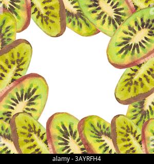 A hand-drawn watercolor square with a tropical green kiwi slices fruit. A square fruit fresh frame with copy spaces isolated on a white background. Su Stock Photo