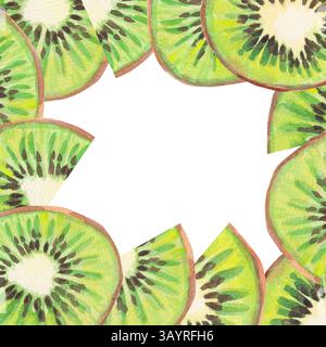 A hand-drawn watercolor square with a tropical green kiwi slices fruit. A square fruit fresh frame with copy spaces isolated on a white background. Su Stock Photo