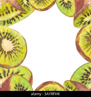 A hand-drawn watercolor square with a tropical green kiwi slices fruit. A square fruit fresh frame with copy spaces isolated on a white background. Su Stock Photo