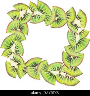 Square with a tropical green kiwi slices fruit. Hand drawn watercolor fruit fresh frame with copy spaces isolated on a white background. Summer banner Stock Photo
