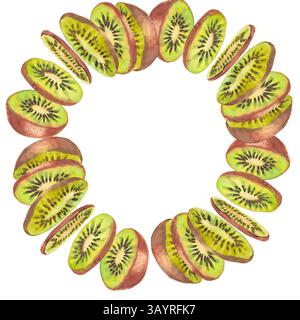 Hand drawn watercolor wreath made of tropical kiwi fruit. Flying fruit slices round template frame with copy spaces isolated on a white background. Su Stock Photo