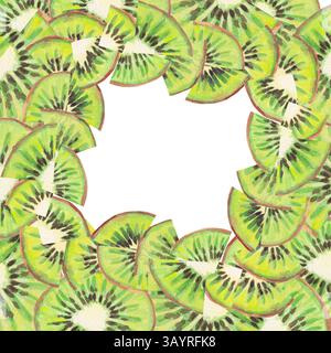 A hand-drawn watercolor square with a tropical green kiwi slices fruit. A square fruit fresh frame with copy spaces isolated on a white background. Su Stock Photo