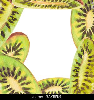 A hand-drawn watercolor square with a tropical green kiwi slices fruit. A square fruit fresh frame with copy spaces isolated on a white background. Su Stock Photo