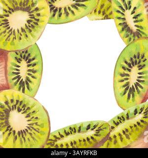 A hand-drawn watercolor square with a tropical green kiwi slices fruit. A square fruit fresh frame with copy spaces isolated on a white background. Su Stock Photo