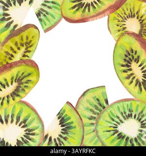 A hand-drawn watercolor square with a tropical green kiwi slices fruit. A square fruit fresh frame with copy spaces isolated on a white background. Su Stock Photo