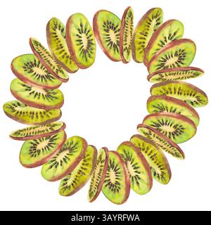 Hand drawn watercolor wreath made of tropical green kiwi fruit. Flying fruit slices round template frame with copy spaces isolated on a white backgrou Stock Photo