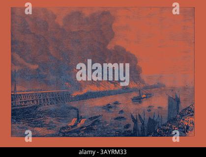 A dramatic scene of a large fire engulfing a waterfront area, with crowds gathered on a nearby bridge and various boats navigating the water, all set against a backdrop of smoke and flames. Leith Pier on Fire 1871  Classic art with a modern twist reimagined by Artotop Stock Photo