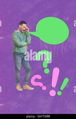 Poster graphics collage of person with question exclamation mark speak mind cloud on purple background Stock Photo