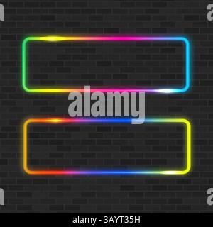 Vector colorful glowing frame. Neon lamp on black background. Bright retro light symbol. Emblem for club or bar. Light arrow banner. Decoration on wal Stock Vector