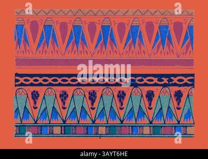A vibrant display of geometric patterns and shapes features bold colors and intricate designs, combining elements like triangles, vines, and flowing lines, creating a dynamic and visually striking composition. Egyptian Ornament  Classic art with a modern twist reimagined by Artotop Stock Photo
