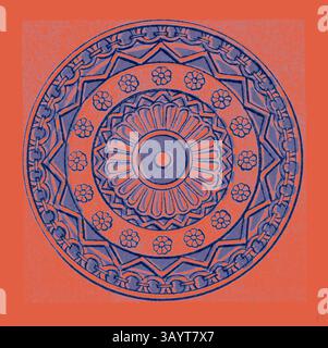 A circular design filled with intricate floral patterns and geometric motifs, featuring a central round element surrounded by radiating shapes, all set against a bold red backdrop. Assyrian and Persian Ornament  Classic art with a modern twist reimagined by Artotop Stock Photo