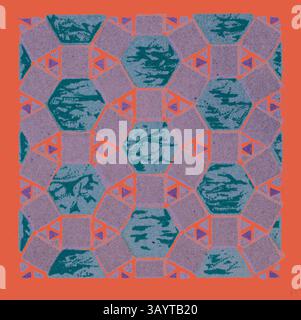 A vibrant geometric pattern featuring interlocking shapes in various shades of purple and blue, set against a bold red background. The design combines hexagons and triangles, creating a visually striking and intricate composition. Byzantine Ornament  Classic art with a modern twist reimagined by Artotop Stock Photo