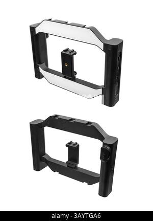 Two angled views of an LED video light panel with smartphone mount and Bluetooth remote, perfect for vlogging and streaming Stock Photo