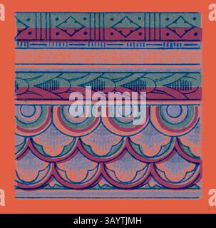 A vibrant display of intricate patterns featuring geometric shapes and flowing lines, arranged in horizontal bands with a rich color palette that includes shades of blue, green, and orange. Each section showcases unique designs, from triangles and curves to scalloped motifs, creating a dynamic visual rhythm. Renaissance Ornament  Classic art with a modern twist reimagined by Artotop Stock Photo