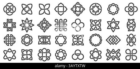 Celtic elements. Irish knot medieval ornamental decoration, Gaelic knotted ornament symbols, black endless intertwined knots for tattoo logo design Stock Vector
