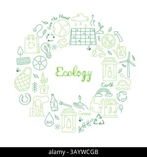 Environment doodle icons. Recycle circle green eco friendly environmental linear symbols, zero carbon emission and sustainable green energy recycling Stock Vector
