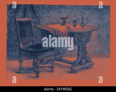 An intricately carved wooden table adorned with a fringed cloth, accompanied by a stylish chair, all set against a richly patterned backdrop. Elegant decorative items rest atop the table, adding a touch of sophistication to the scene. Chair and Table for Breakfast Room, Furniture, Engraving 1882  Classic art with a modern twist reimagined by Artotop Stock Photo
