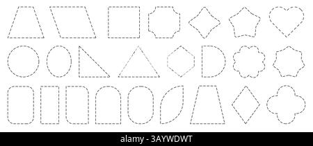 Dashed line frames. Dash dotted square circle linear borders, simple rectangle oval hexagon triangle heart star outline dashed shapes for geometric Stock Vector