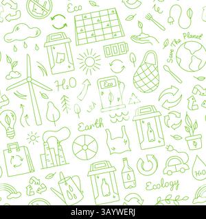 Eco icon pattern. Recycle, ecology and green energy seamless print, zero waste ecological symbols for wrapping paper, environmental fabric textile Stock Vector
