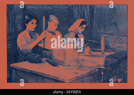 Three women are engaged in intricate work at a table, using tools to craft and create items. Each woman displays focus and concentration, surrounded by various materials, suggesting a collaborative effort in a traditional setting. Dynamite Manufacture at Isleten, Near Fluelen, Switzerland: Filling Cartridges with Dynamite Powder  Classic art with a modern twist reimagined by Artotop Stock Photo